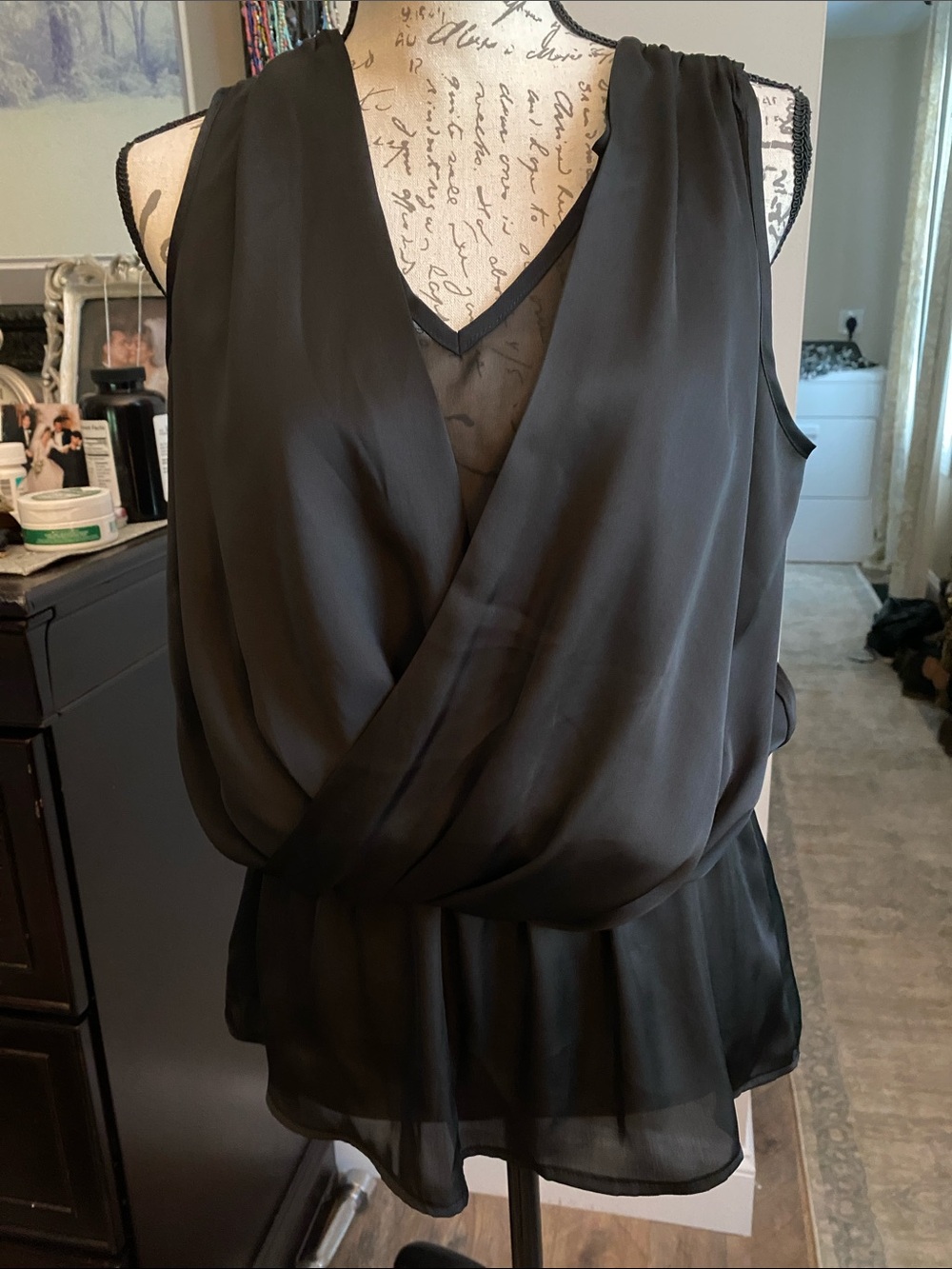 Boston Proper Black Sheer Draped V-Neck Blouse
